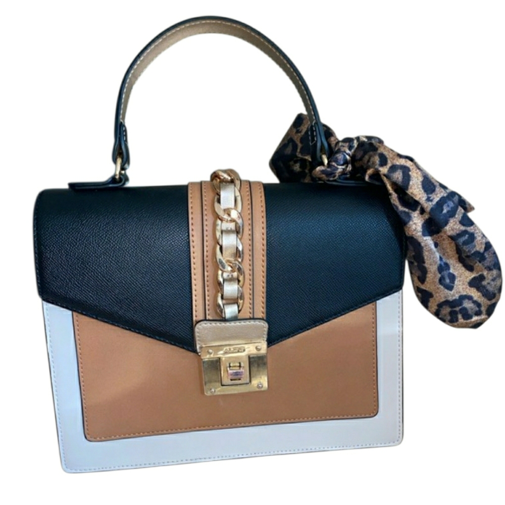 ALDO Glenda Black & Tan Satchel w/ Gold Hardware, Turnlock & Crossbody
